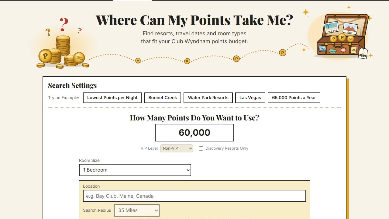 Where Can My Points Take Me? with its search settings